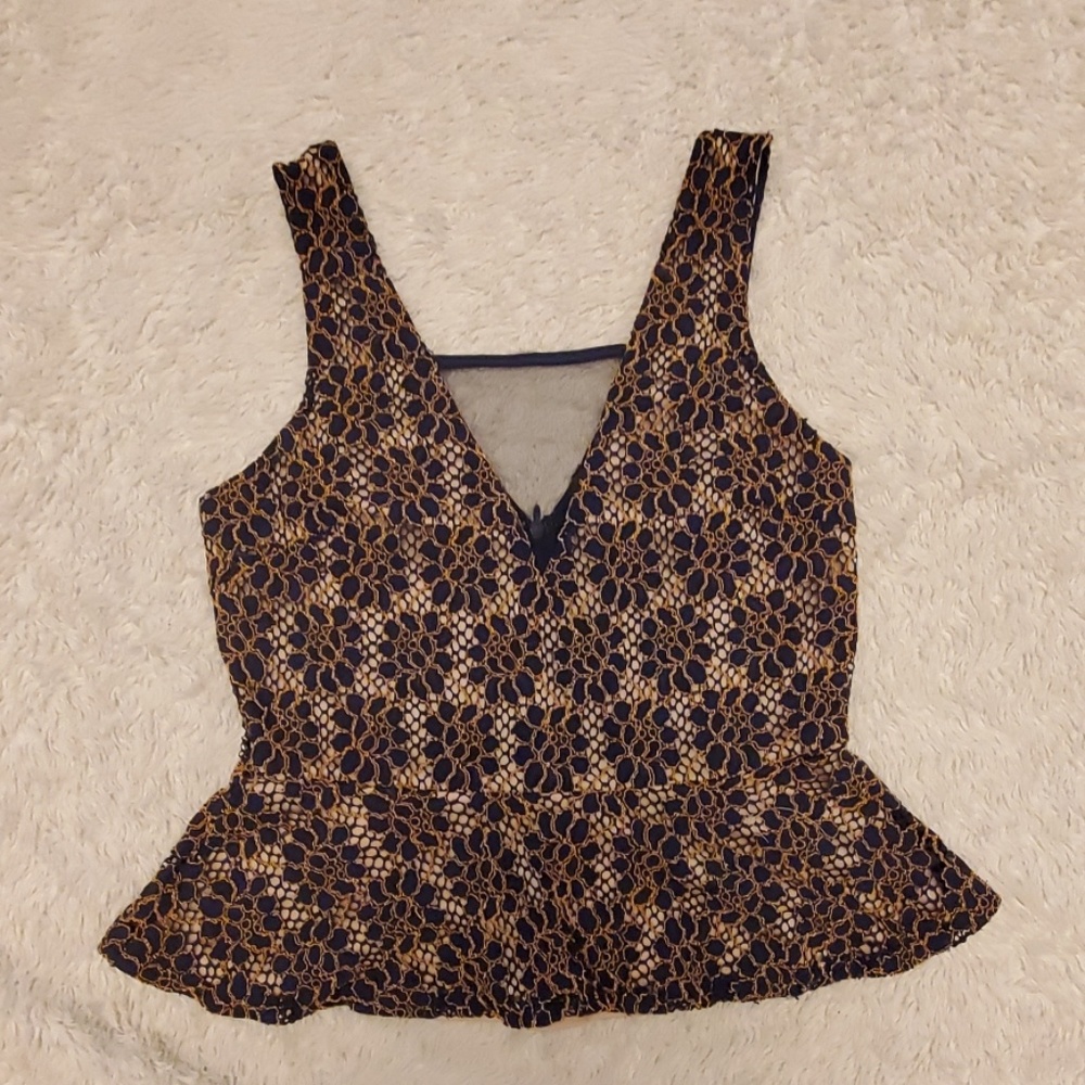ASTR Crochet Navy Gold Lined Peplum Tank